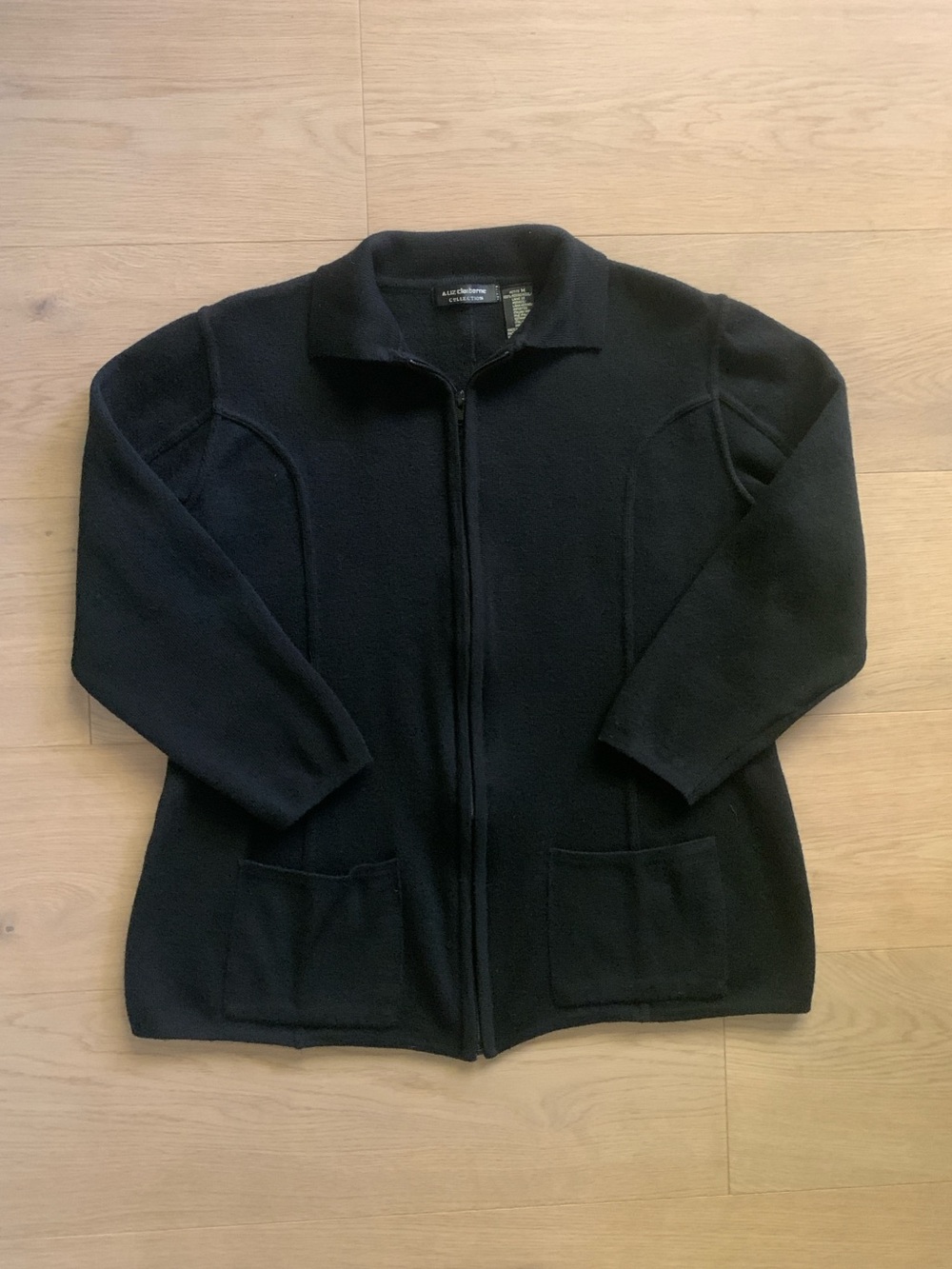 Vintage 90s Liz Claiborne Merino Wool Sweater Jacket M Black Full Zip Outdoor